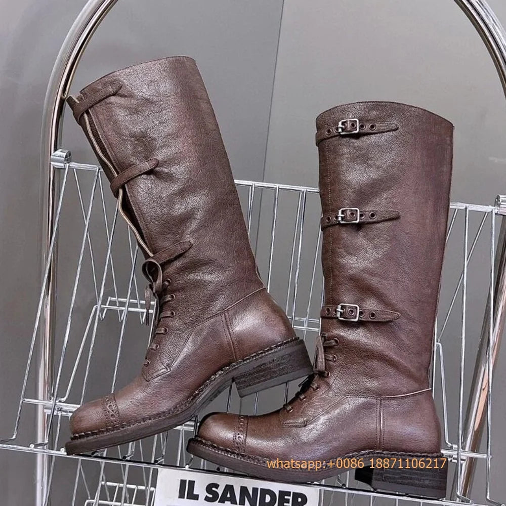 Genuine Leather Ladies Knight Boots 2025 Autumn Belt Buckle Model Catwalk Casual Long Boots Black/brown Thick Heel Casual Boots