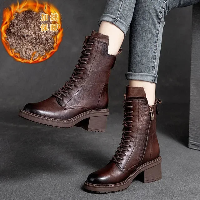 Careaymade 2025 Cow Leather Quality Women Shoes Autumn Winter Square Med Heel Ankle Boots Lace Up Zipper Ladies Pumps Size 35-40