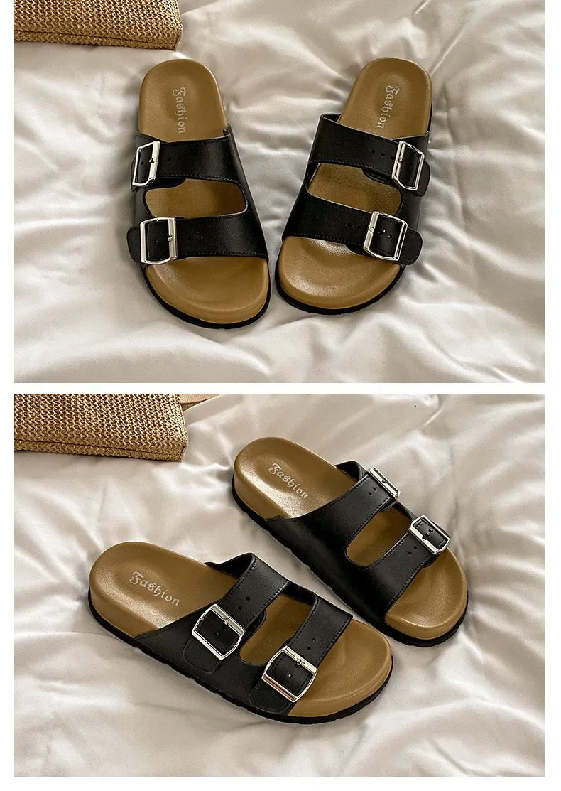 Women's Belted Sandals Roman Style PVC Material Open Toe Metal Decorated Flat Heels Spring Summer Outdoor Wear Fashionable Versa
