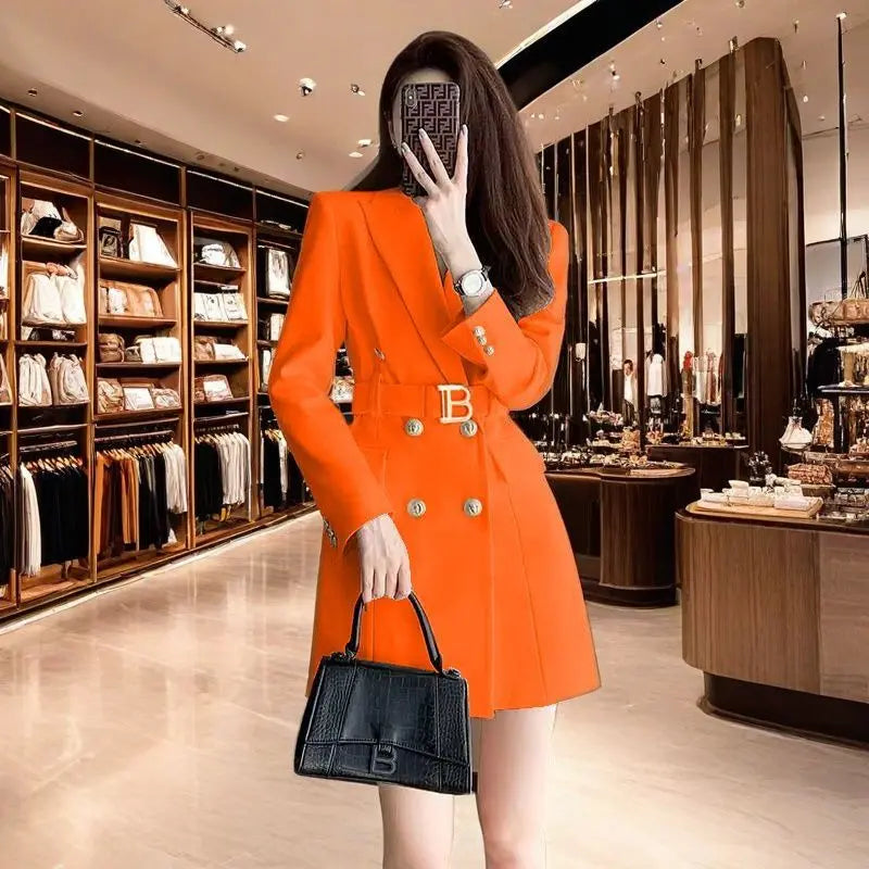 2025 New Spring Autumn Chic Casual Outwear Jacket Outwear Women's Belt Medium Long Double Row Long Sleeve Professional Suit Tops