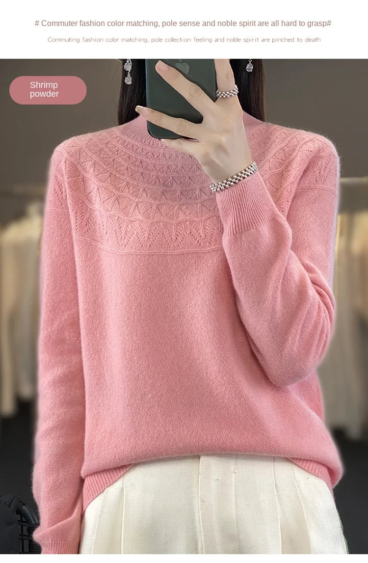 2024 New Line Of Garment Hollowed Out Half Height Women's High-grade Woolen Sweater 100% Pure Wool Multi-color Option WQ