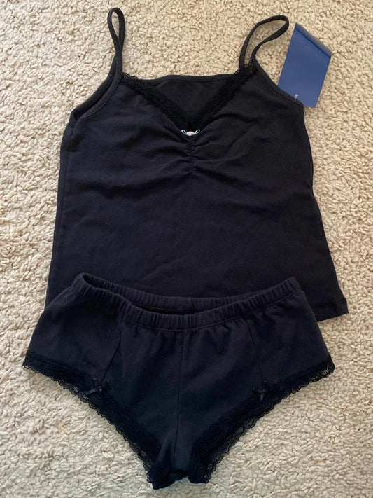 Lace Trim Black Tank Shorts Set Woman Summer Rose Folds V-neck Camisole+Bow Elastc Waist Panties Cotton Home Pajama 2 Piece Sets