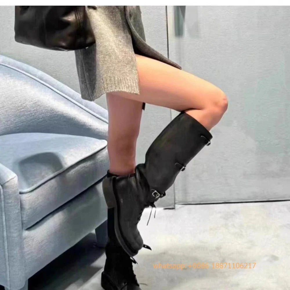 Genuine Leather Ladies Knight Boots 2025 Autumn Belt Buckle Model Catwalk Casual Long Boots Black/brown Thick Heel Casual Boots