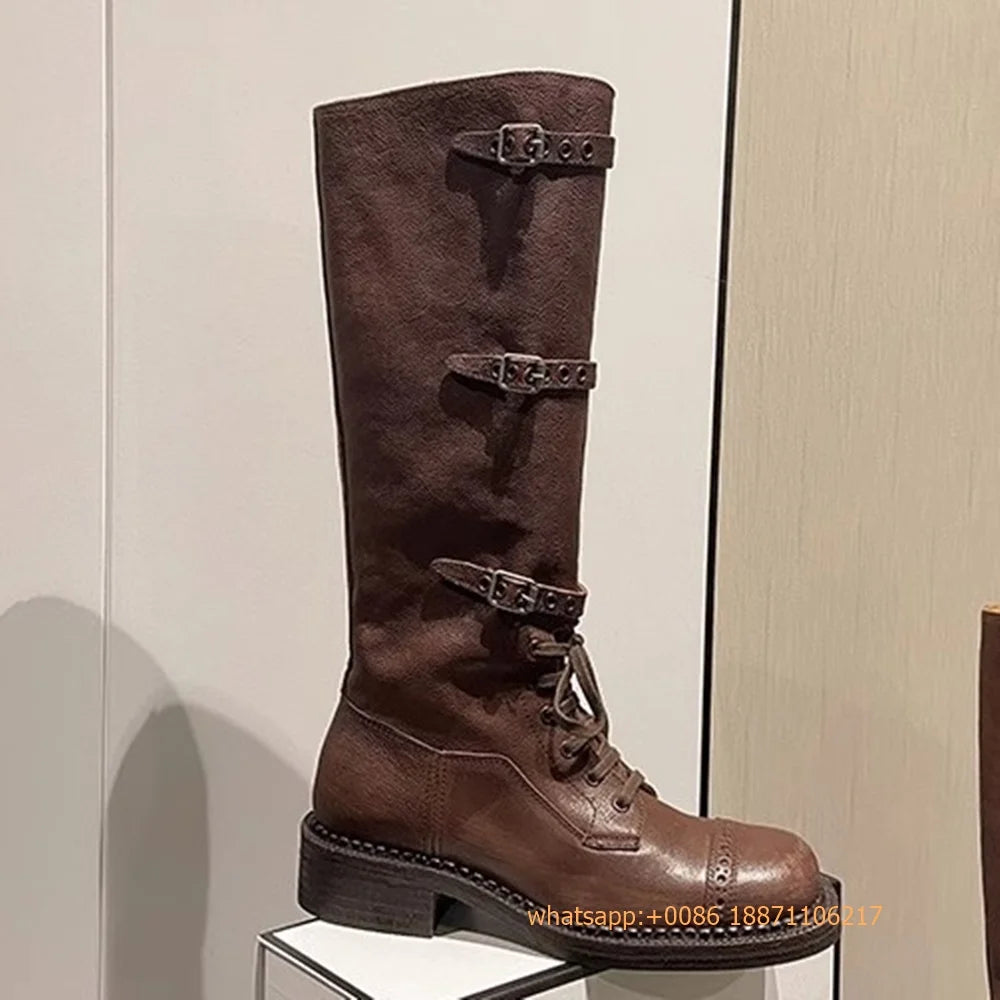 Genuine Leather Ladies Knight Boots 2025 Autumn Belt Buckle Model Catwalk Casual Long Boots Black/brown Thick Heel Casual Boots