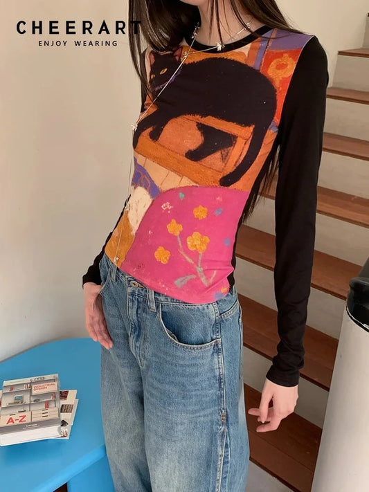 CHEERART Cat Funny Graphic T Shirts Long Sleeve Top For Woman Illustration Print Patchwork Cute Tees Designer Clothes 2025