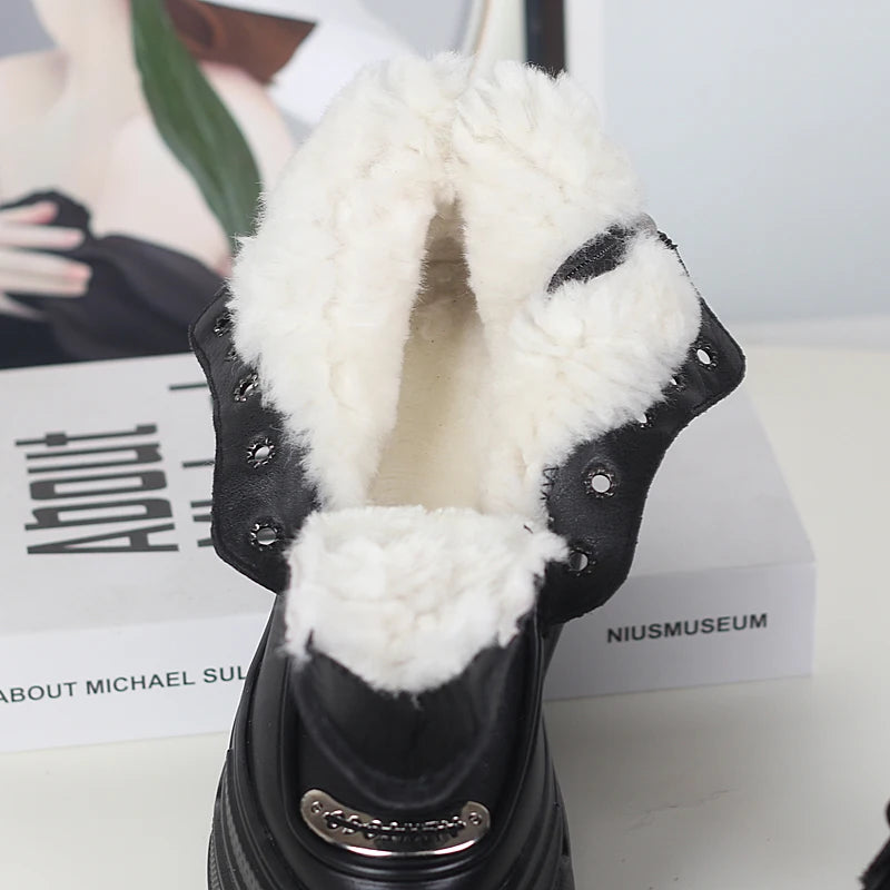 12CM Genuine Leather Winter Autumn Chimney Plush Spring Ankle Booties Fashion ZIP Women Moccasins Platform Wedge Shoes
