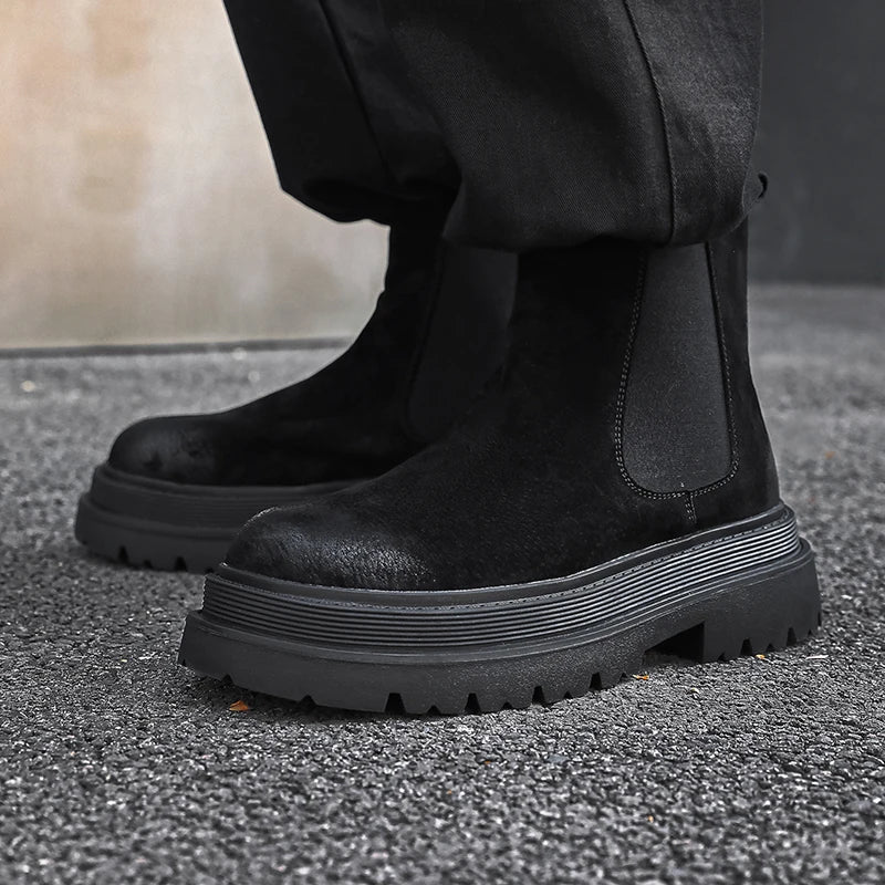 large size men casual party nightclub high chelsea boots slip-on cow suede leather shoes cowboy platform boot autumn winter bota