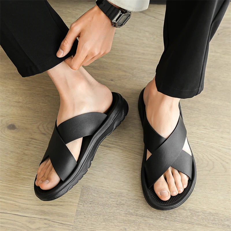 YRZL Men Casual Sandals Lightweight Comfortable PU Leather Summer Slippers Non Slip Outdoor Shoes for Beach Walking Flip Flops