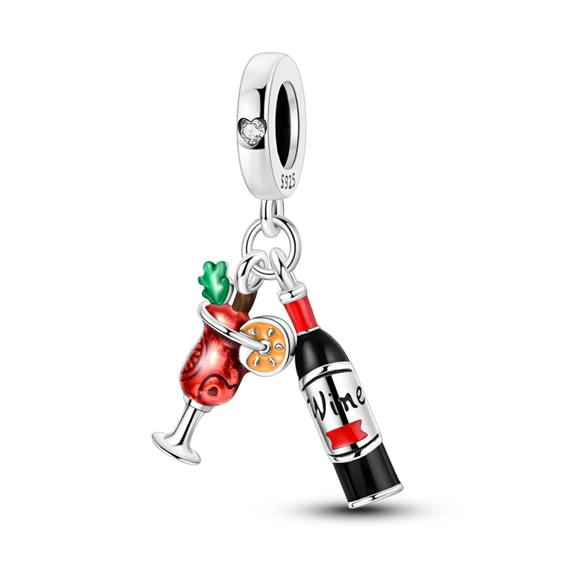 Original 925 Sterling Silver Red Charm Beads Red Wine Chili Dumbbell Pendant For Women Fit DIY Bracelet Birthday Jewelry Gift