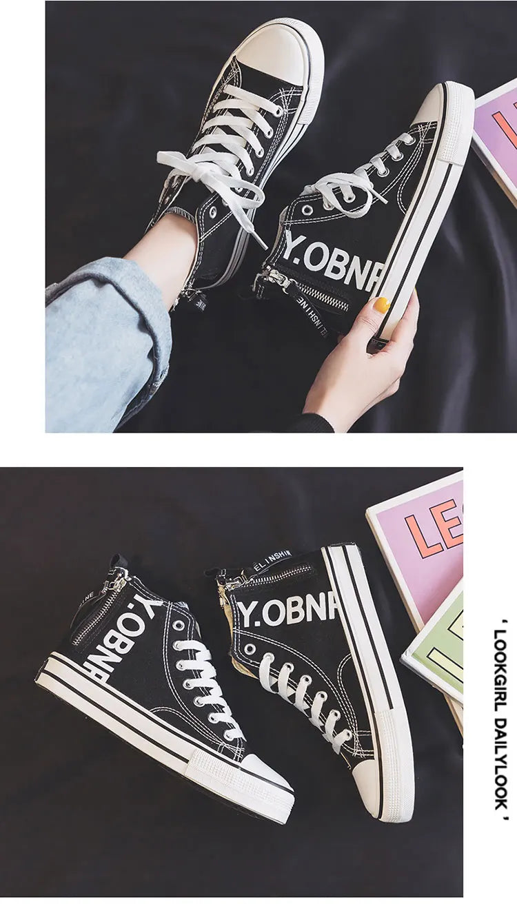Fashion Purple Womens Canvas Shoes Spring and Autumn High Top Woman Shoes Zipper Breathable Canvas Sneakers Women Vulcanize Shoe