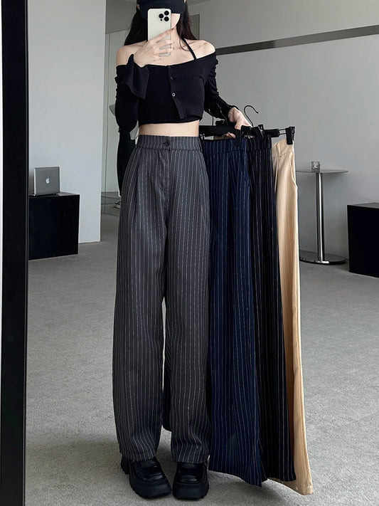Slimming High Waist Trousers Women's Loose Striped Wide Leg Pants Korean Sle Commute Faion plus Size Long Trousers