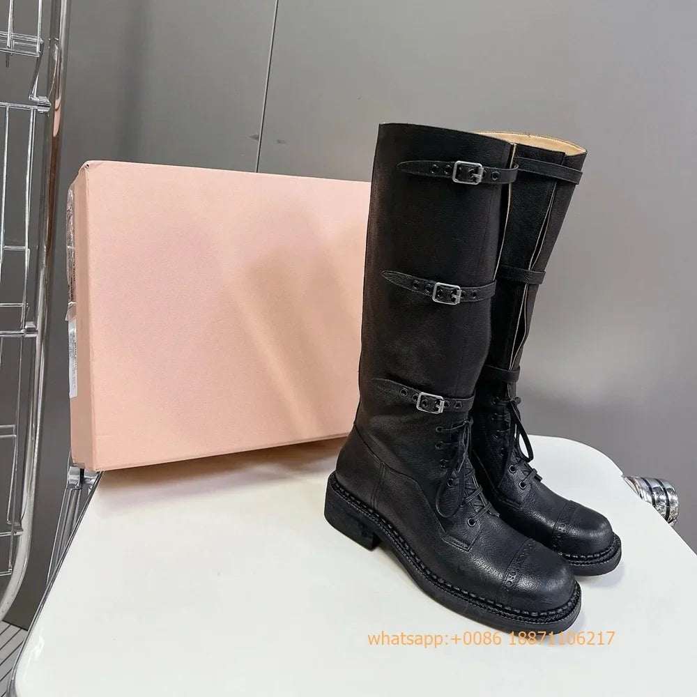 Genuine Leather Ladies Knight Boots 2025 Autumn Belt Buckle Model Catwalk Casual Long Boots Black/brown Thick Heel Casual Boots