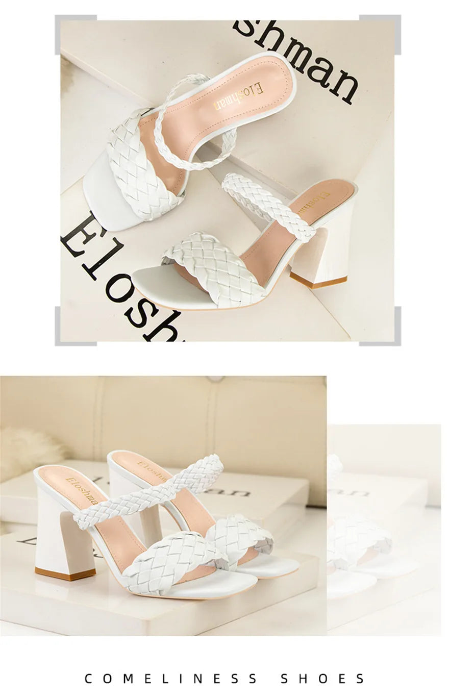 Fashion Weave Thick Heel Women's Slippers Square Toe Summer Casual Ladies Slides Red Orange Shoes Slip On Beach Sexy Pumps Woman