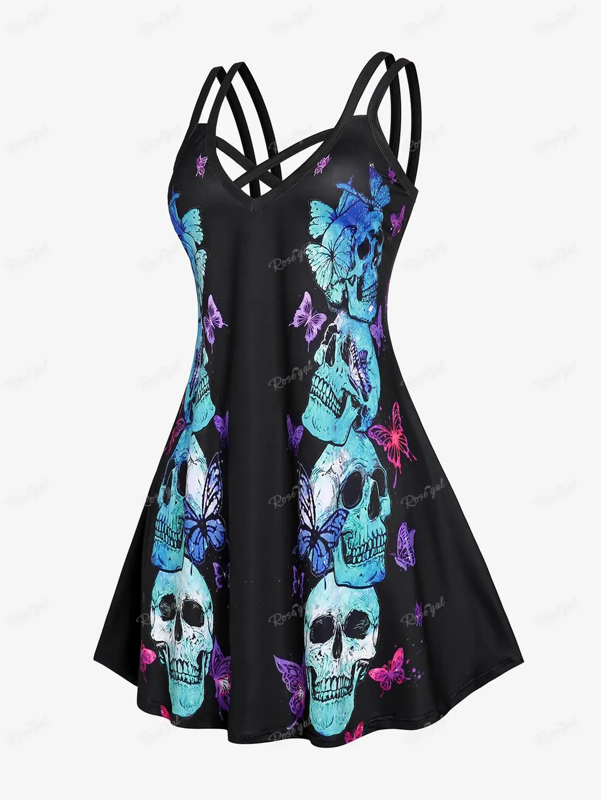 ROSEGAL Halloween 3D Printed Dresses Plus Size Crisscross Skull Print Dress Summer Casual Sleeveless Vestidos 5XL