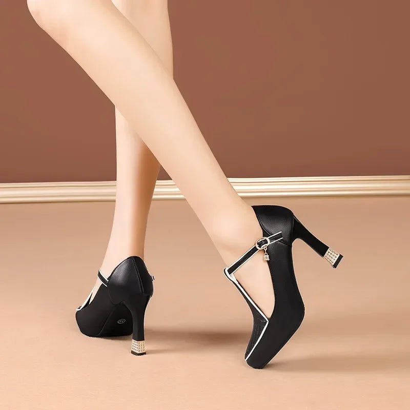 2024 Spring Vintage Fashion Women's Pointed Toe Shallow Sole One-Piece Buckle Mary Sandals High Heels Polyurethane Leather