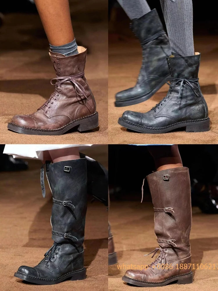 Genuine Leather Ladies Knight Boots 2025 Autumn Belt Buckle Model Catwalk Casual Long Boots Black/brown Thick Heel Casual Boots