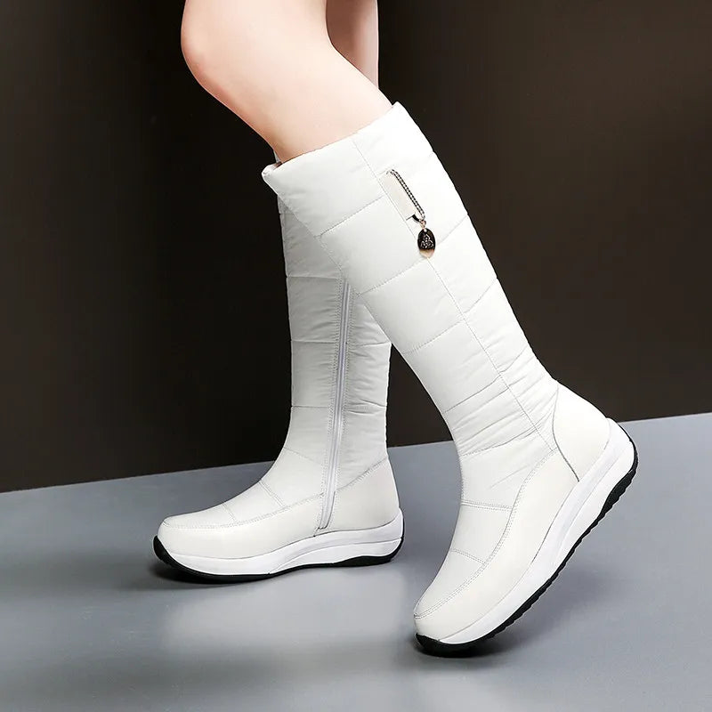 2025  Women Snow Boots Waterproof Down Plush Genuine Leather Red White Casual Travel Ladies Flat Heels Platform Knee High Boots