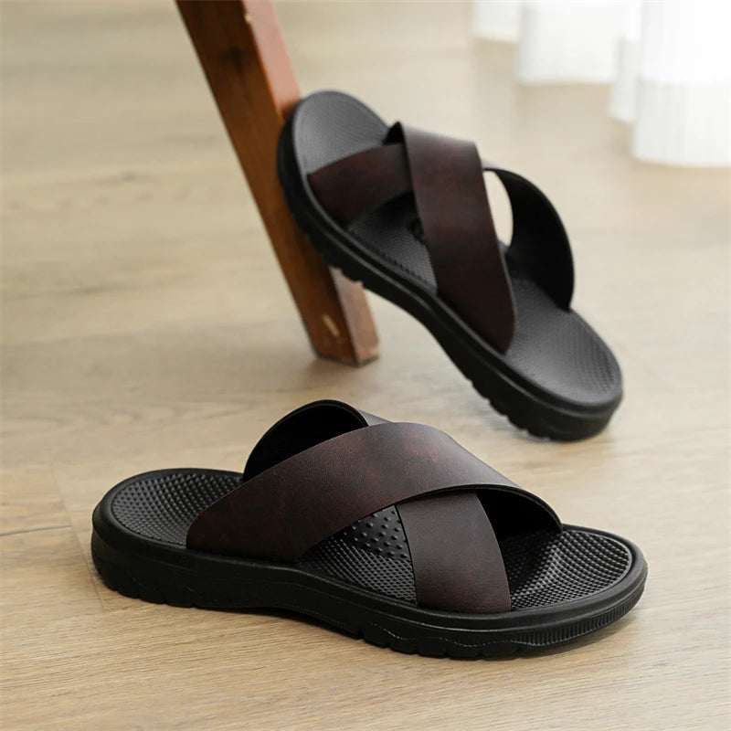 YRZL Men Casual Sandals Lightweight Comfortable PU Leather Summer Slippers Non Slip Outdoor Shoes for Beach Walking Flip Flops