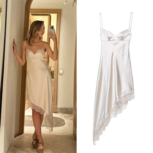 Women's Dress New Summer 2025 White Suspender Silk Satin Texture Irregular Dress Sexy Fashion Elegant Personality