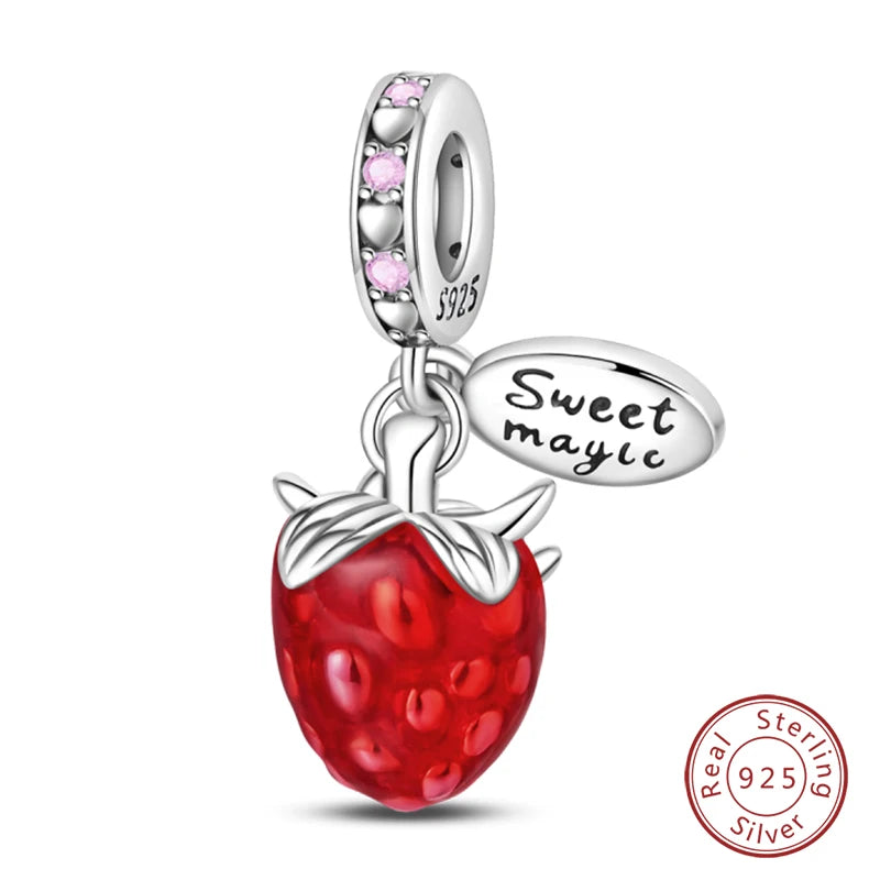 Original 925 Sterling Silver Red Charm Beads Red Wine Chili Dumbbell Pendant For Women Fit DIY Bracelet Birthday Jewelry Gift