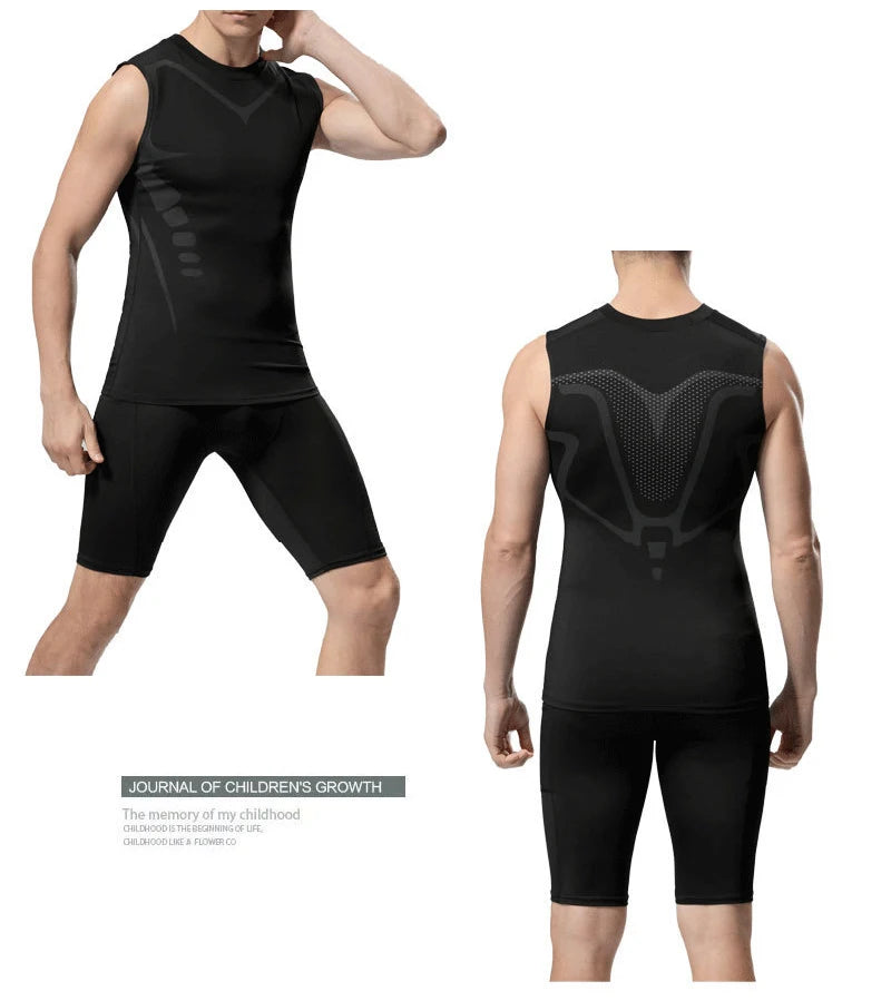 Men's sci-fi printed black vest, fashionable and casual men's quick drying T-shirt, sports and fitness round neck elastic vest