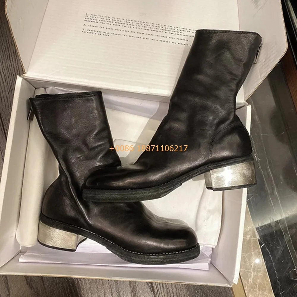 Genuine Leather Sexy Ladies Chelsea Boots 2025 Spring New Round Thick Heel Short Boots Solid Color Fashion Zipper Casual Boots