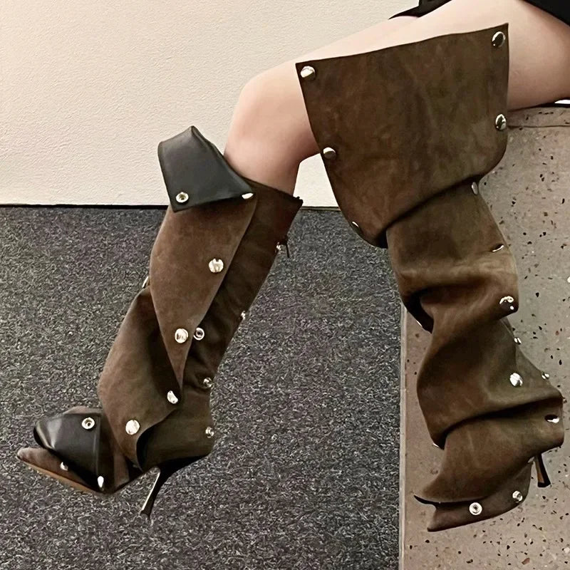 2024 Metal Buckle Detachable Denim Boots 10cm High Heel Boots 35-45 Internet Red Model Fashion Walking Red Carpet Thigh Boots