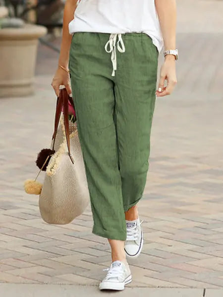 Women Elastic Drawstring Waist Cotton Linen Wide Leg Ankle Pants Summer Female Long Loose Trousers ARJ-K01