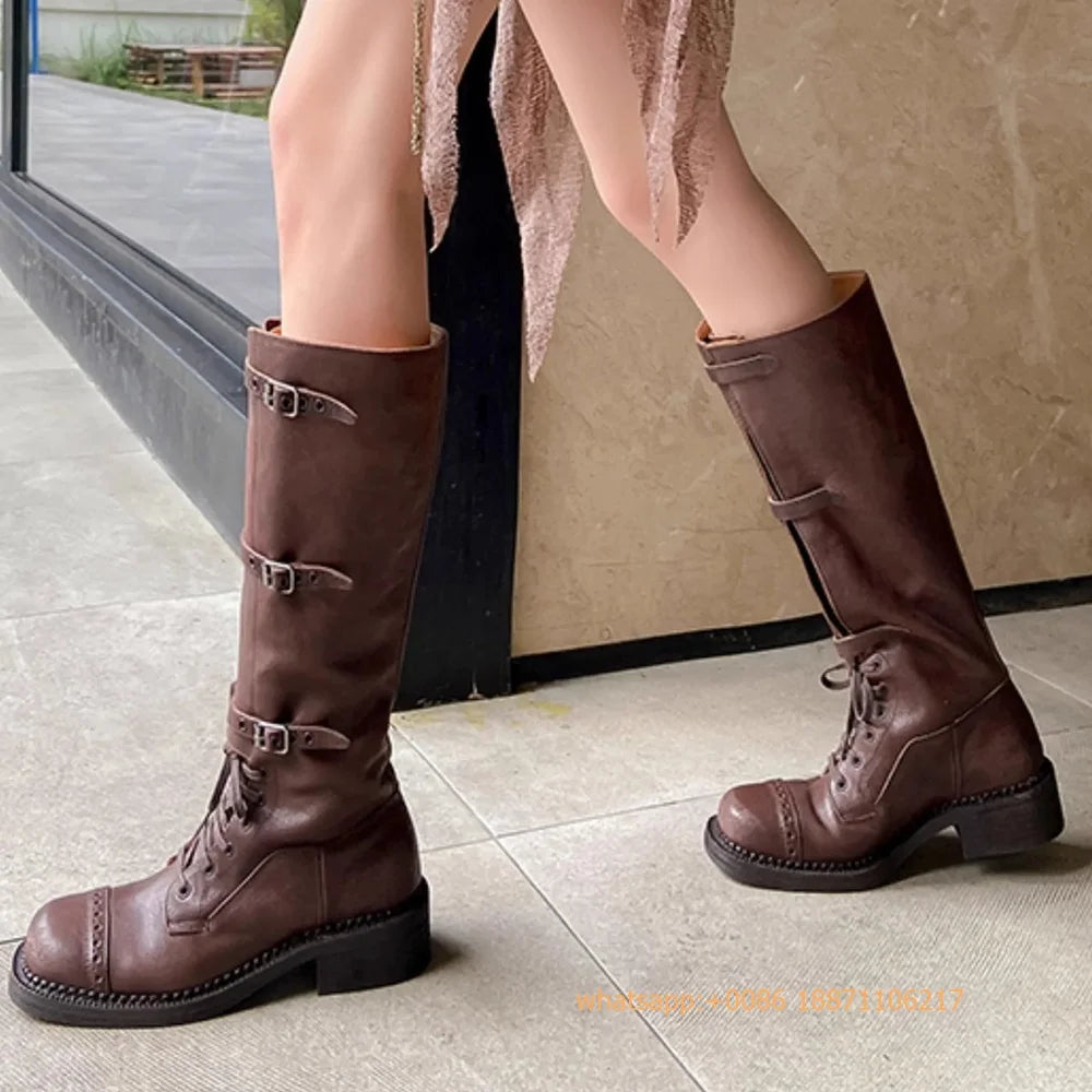 Genuine Leather Ladies Knight Boots 2025 Autumn Belt Buckle Model Catwalk Casual Long Boots Black/brown Thick Heel Casual Boots