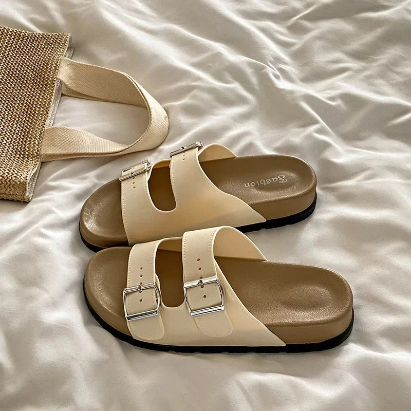 Women's Belted Sandals Roman Style PVC Material Open Toe Metal Decorated Flat Heels Spring Summer Outdoor Wear Fashionable Versa