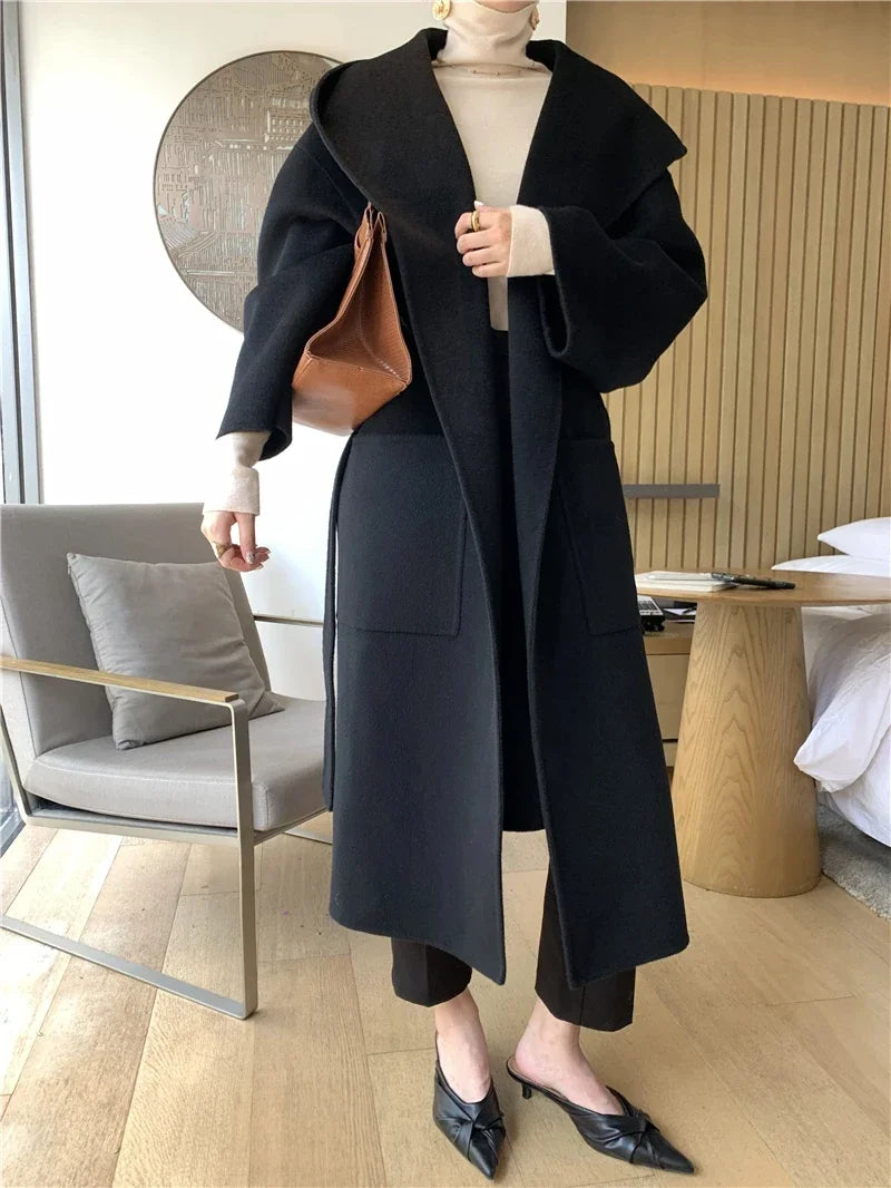 2024 Mid-Length Autumn and Winter Hooded Double Sided Cotton Cashmere Coat Female 100% Wool Loose Thick Woolen Coat