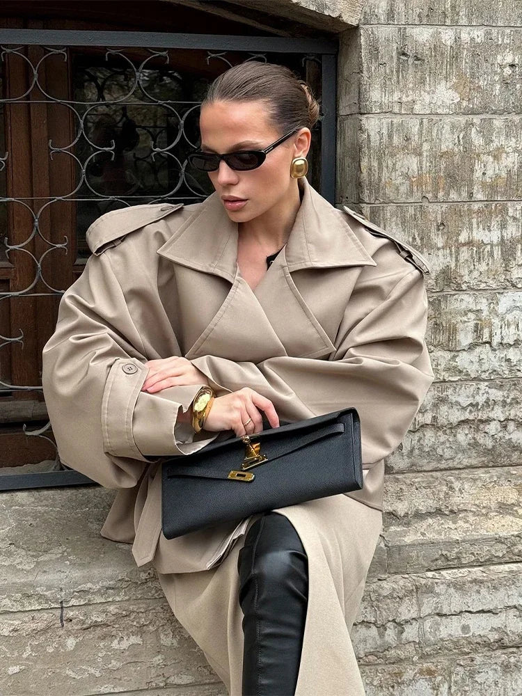 Solid Lapel Lace Up Trench Coat For Women Fashion Long Sleeves Wide Shoulder Short Loose Coat 2025 New Autumn Commute Outwear