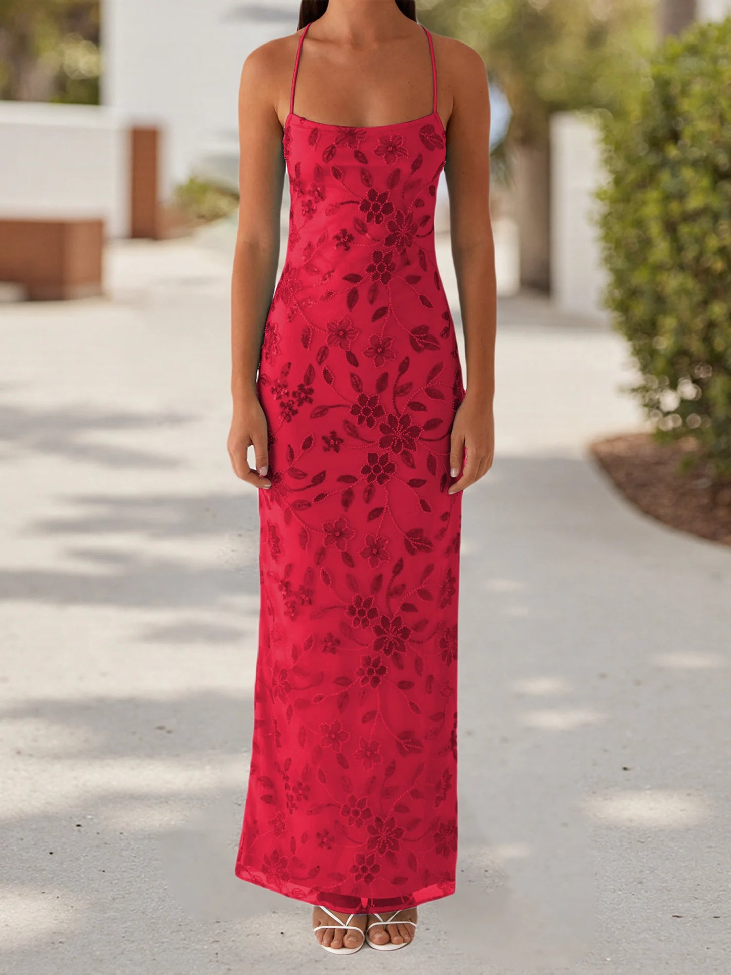 2025 Women Beaded Flower Cami Dress Slim Glitter Sequin High Split Spaghetti Strap Open Back Long Dress for Party Club Vestidos