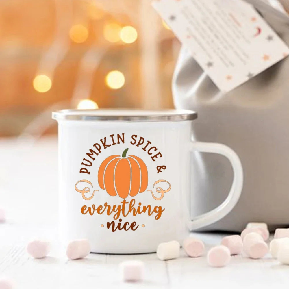 Pumpkin Spice and Everything Nice Enamel Mug Halloween Camping Mug Autumn Home Decor Fall Coffee Mug Festive Gifts for Kids