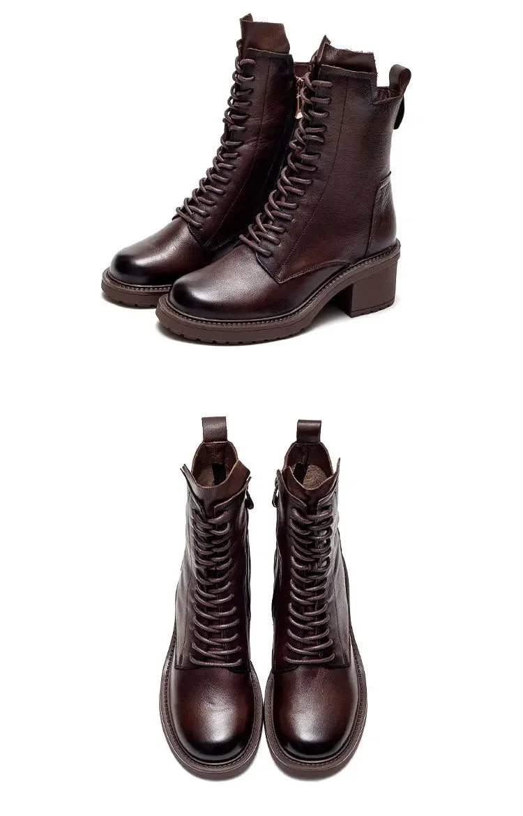 Careaymade 2025 Cow Leather Quality Women Shoes Autumn Winter Square Med Heel Ankle Boots Lace Up Zipper Ladies Pumps Size 35-40