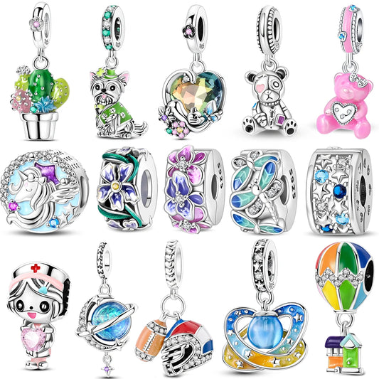 New 925 Sterling Silver Gradient Blue Four-leaf Clover Pink Iris Charm Fit Original Bracelet DIY Jewelry Accessories Beads
