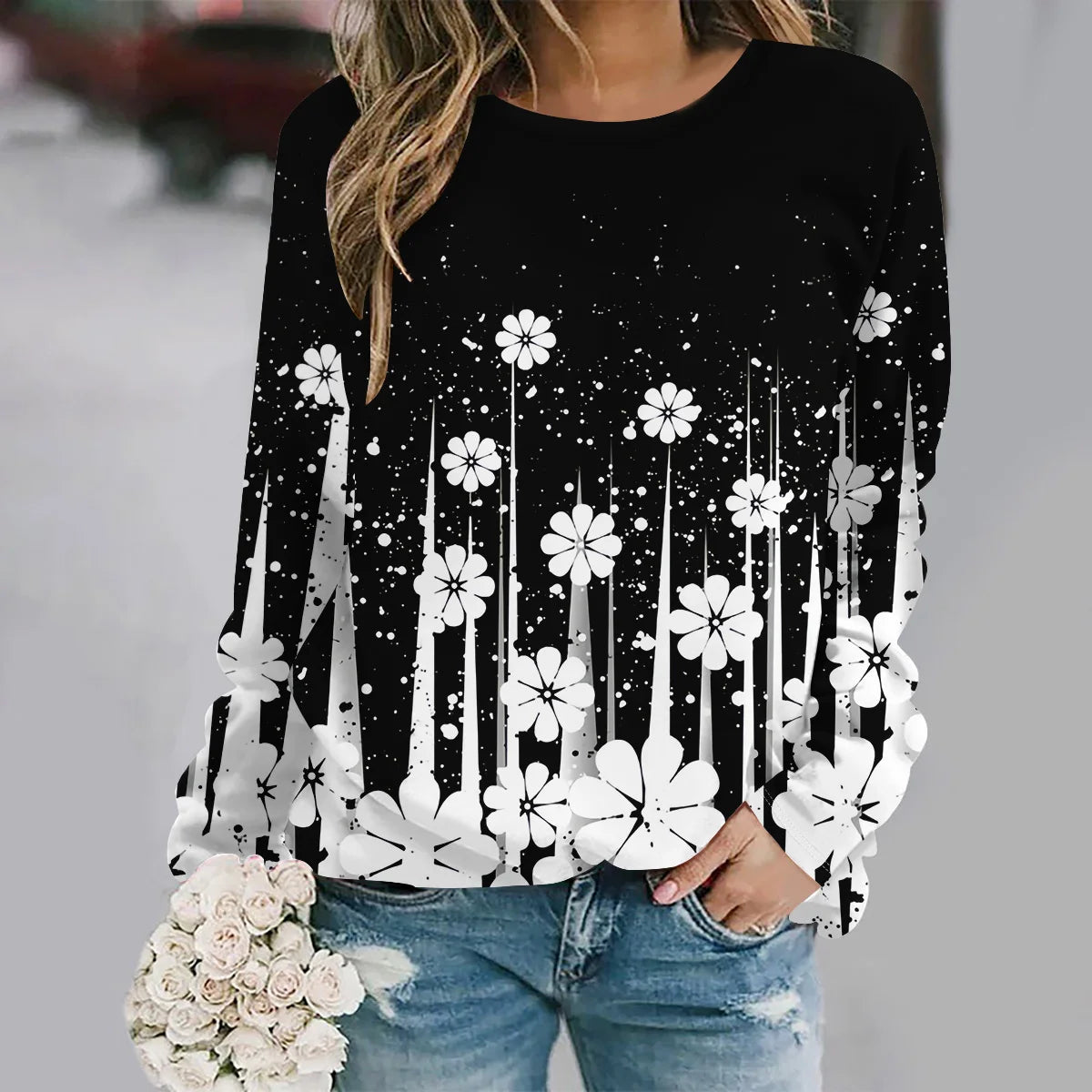 2025  Autumn and winter new fashion round neck long sleeve printed elegant casual loose hoodie