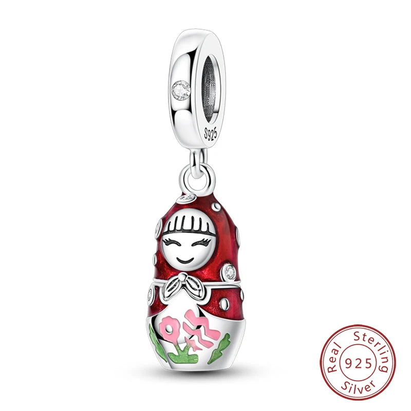 Original 925 Sterling Silver Red Charm Beads Red Wine Chili Dumbbell Pendant For Women Fit DIY Bracelet Birthday Jewelry Gift
