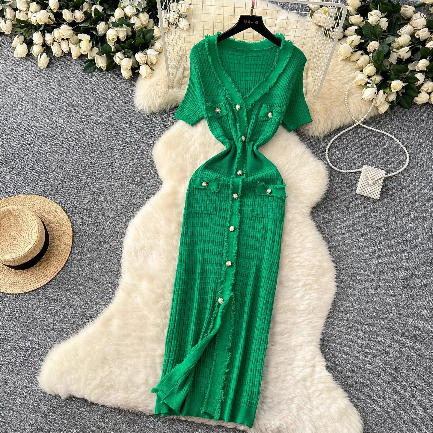 YuooMuoo Women Dress Elegant V-neck Slim Waist Wrap Hips Bodycon Sweater Dress Chic Single-breasted Office Lady Long Shirt Dress