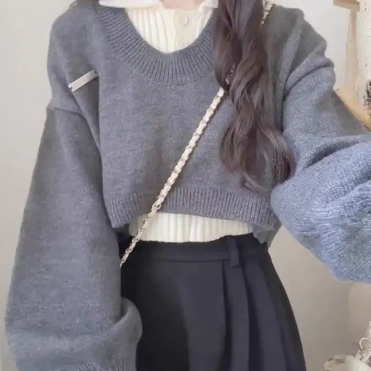 Preppy Style Women's Polo Collar Sweater 2-Piece Set Cropped Idle Style Knit Suit V-Neck Top For Spring And Autumn