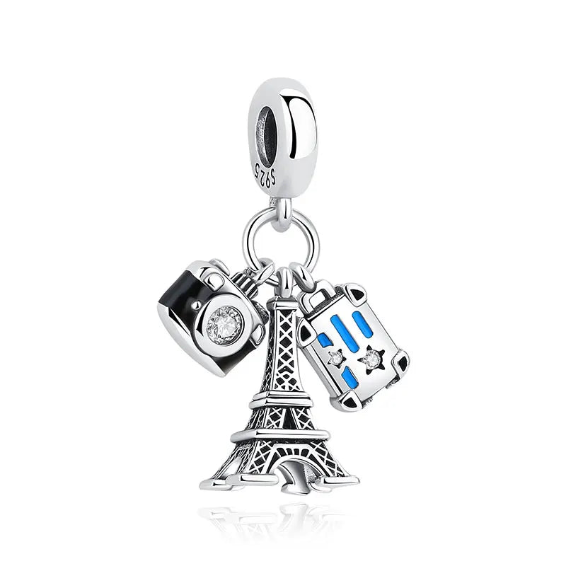 Original 925 Sterling Silver Charms Camera Suitcase London Bus Love Heart Beads Fit Bracelets Necklaces DIY Jewelry Women