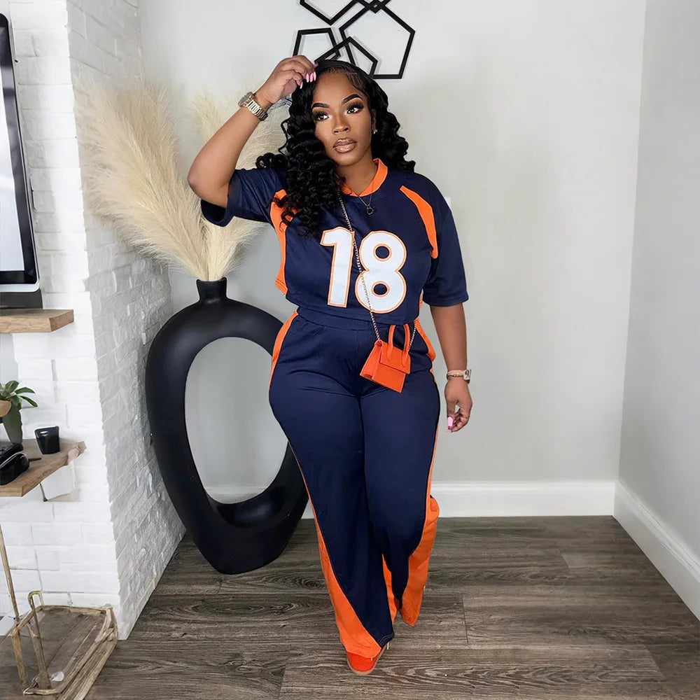 Contrast Color Jersey Tracksuit Set Women Streetwear Short Sleeve Sweatshirt Top and Pants Suit 2025 Chic 2 Piece Sets Outfits