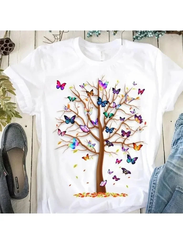 gothic Women's Butterfly Tree Print Harajuku T-Shirt Round Neck Top Short Sleeve Casual Summer Tee Shirt