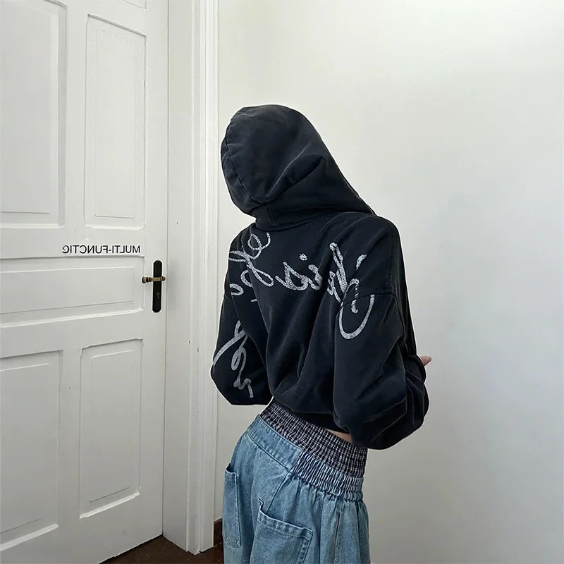 Y2K Fashion Retro Hoodie Artistic White Letter Print Long Sleeve Zip Up Hooded Sweatshirt Men Women Distressed Washed Streetwear