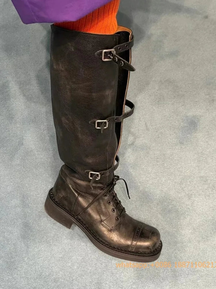 Genuine Leather Ladies Knight Boots 2025 Autumn Belt Buckle Model Catwalk Casual Long Boots Black/brown Thick Heel Casual Boots