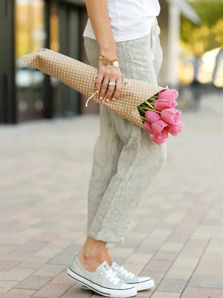 Women Elastic Drawstring Waist Cotton Linen Wide Leg Ankle Pants Summer Female Long Loose Trousers ARJ-K01