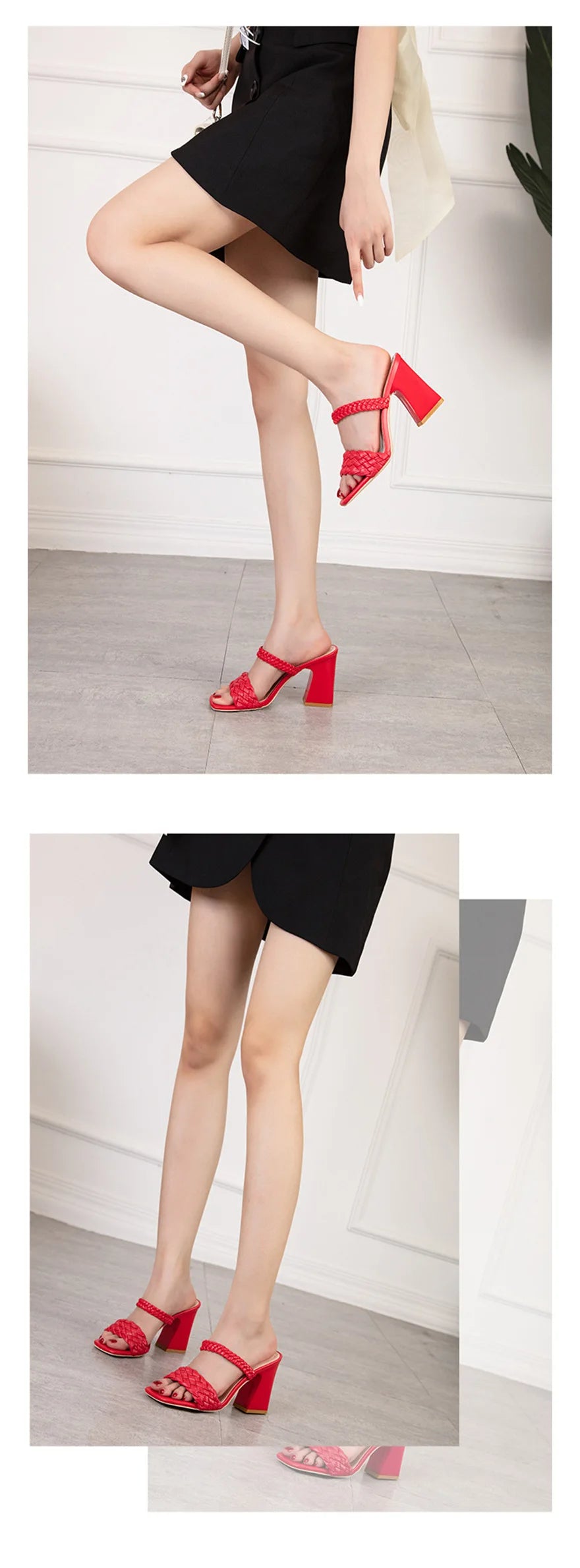 Fashion Weave Thick Heel Women's Slippers Square Toe Summer Casual Ladies Slides Red Orange Shoes Slip On Beach Sexy Pumps Woman