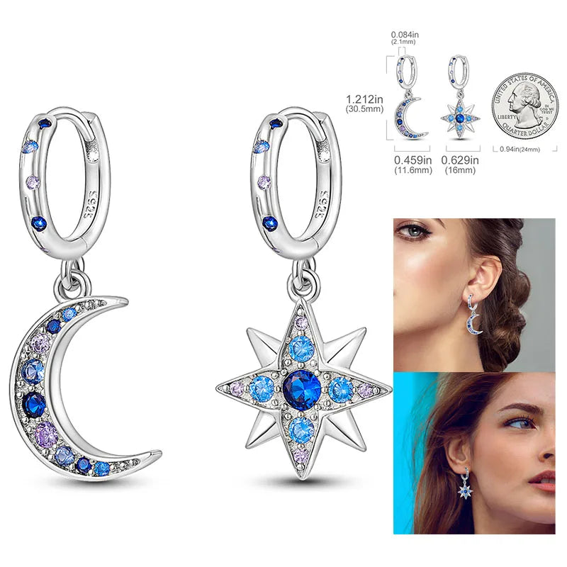 925 Silver Hoop Earrings  For Woman Pendientes Zircon Heart Shape Star Eardrop Original Earring Fashion Jewelry