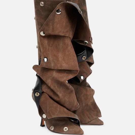 2024 Metal Buckle Detachable Denim Boots 10cm High Heel Boots 35-45 Internet Red Model Fashion Walking Red Carpet Thigh Boots