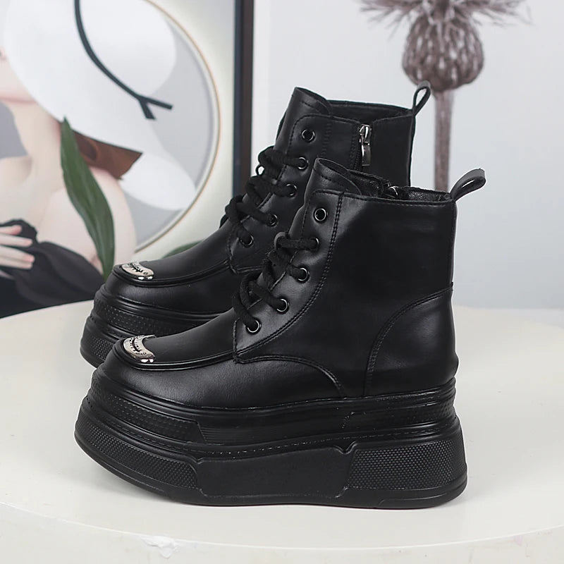 12CM Genuine Leather Winter Autumn Chimney Plush Spring Ankle Booties Fashion ZIP Women Moccasins Platform Wedge Shoes